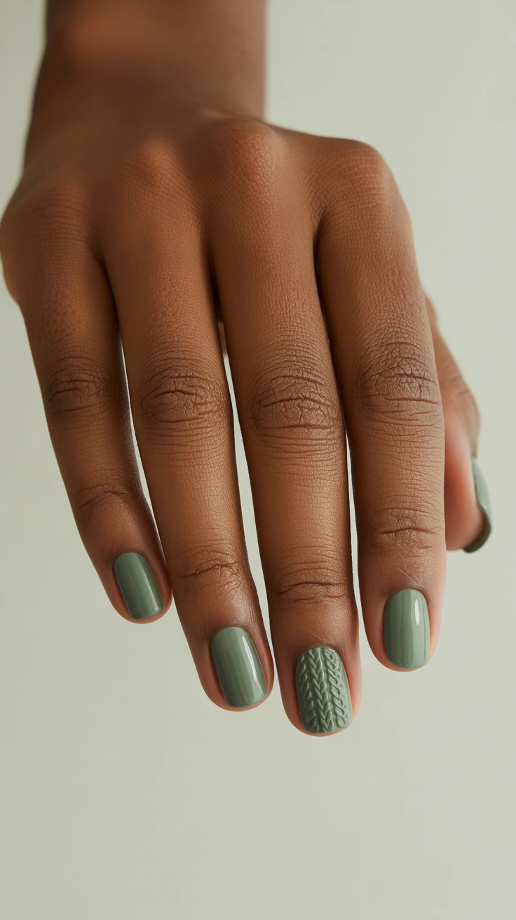Sage green nails, highlighting an accent nail textured with a subtle 3D cable-knit sweater pattern, perfect for a cozy holiday look.