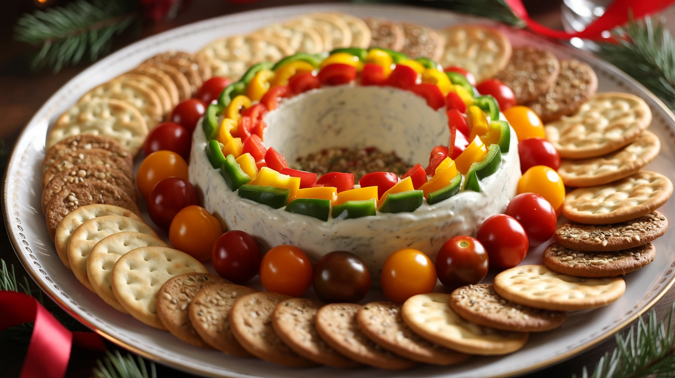 Crowd-Pleasing Savory Holiday Wreath Dip Recipe 1 Savory holiday wreath dip with herbs and colorful vegetable garnishes.