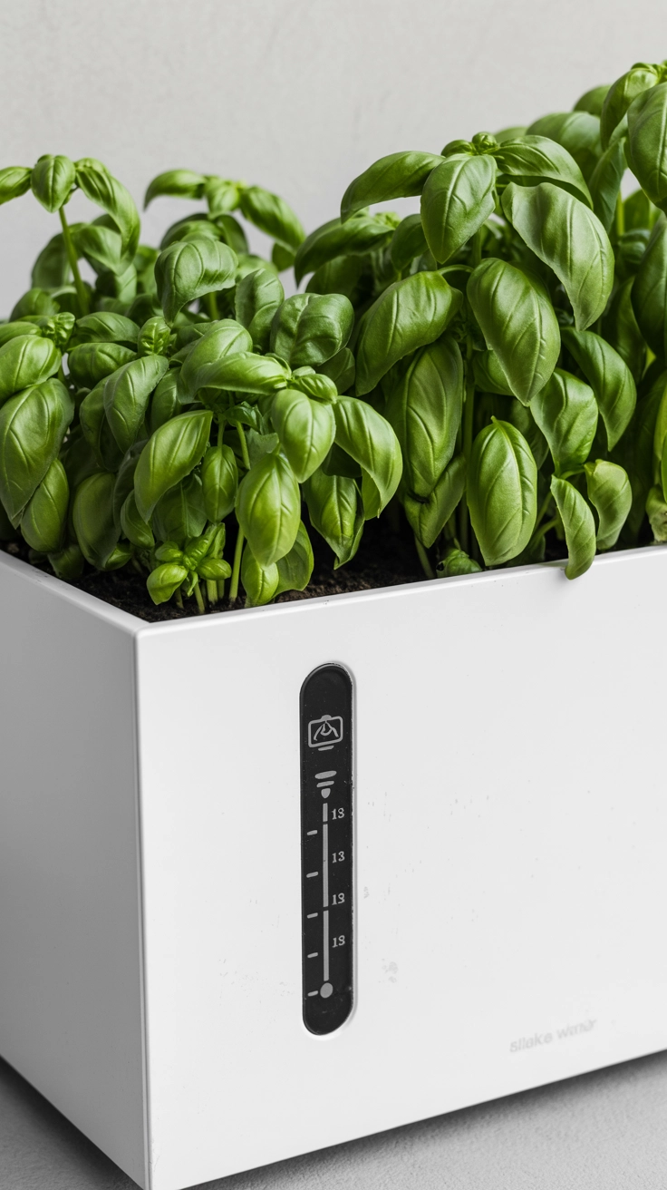22 Deck Planter Ideas to Transform Your Outdoor Space 10 Close-up of a white self-watering planter box with a water level gauge and healthy basil growing inside.
