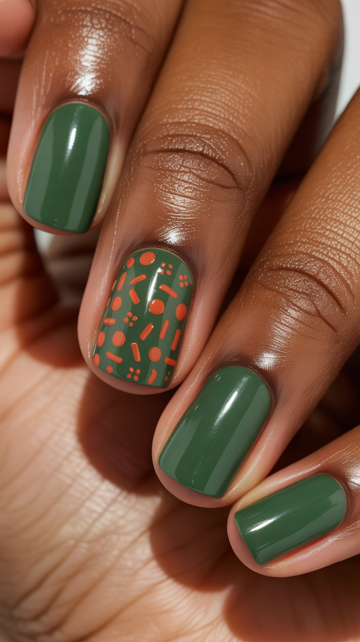 Shamrock green manicure with an accent nail decorated with a scattered, playful pattern of bright red dots and short dashes.