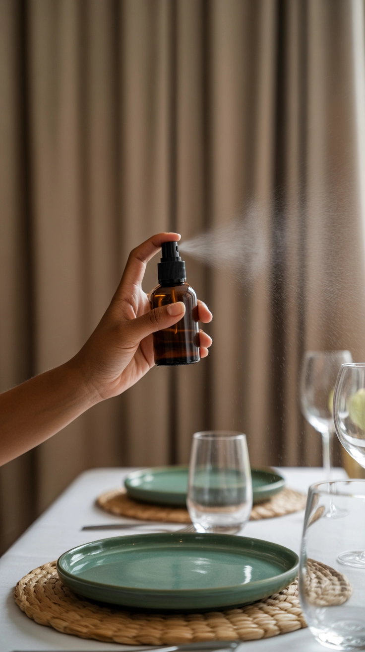 A dark brown woman lightly misting the air above a set dining table with a natural essential oil spray from an amber glass bottle.