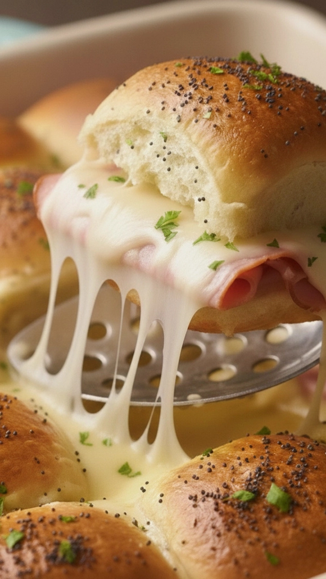 Single baked ham and cheese slider with melted, stringy cheese.