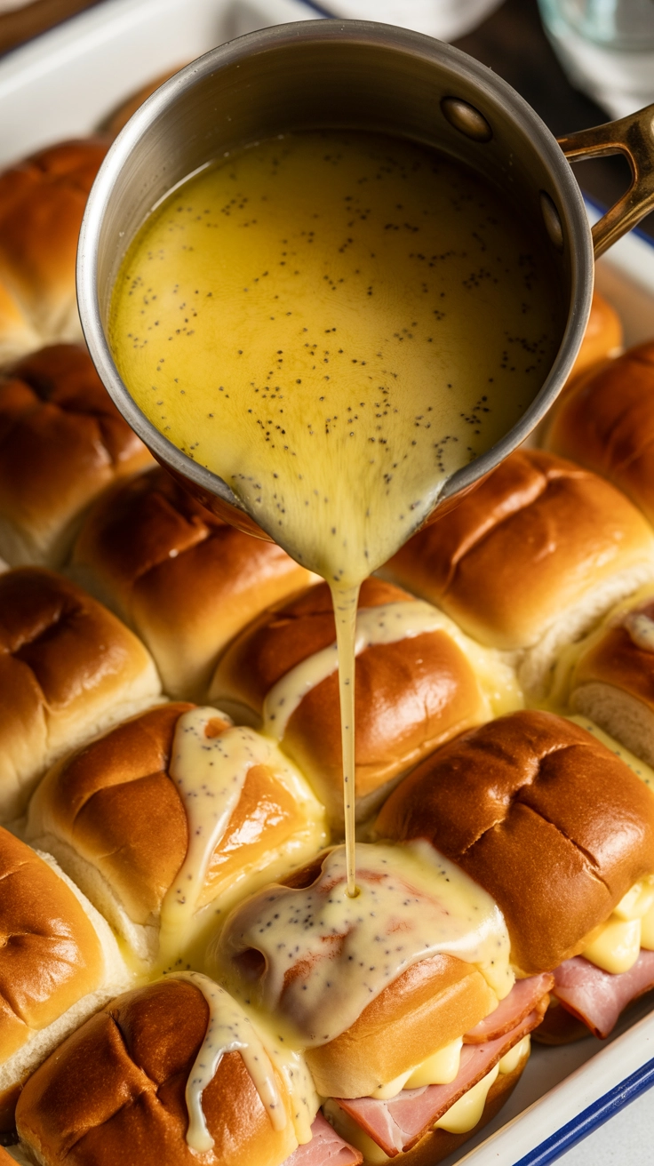 Pouring poppy seed butter sauce over ham and cheese sliders.