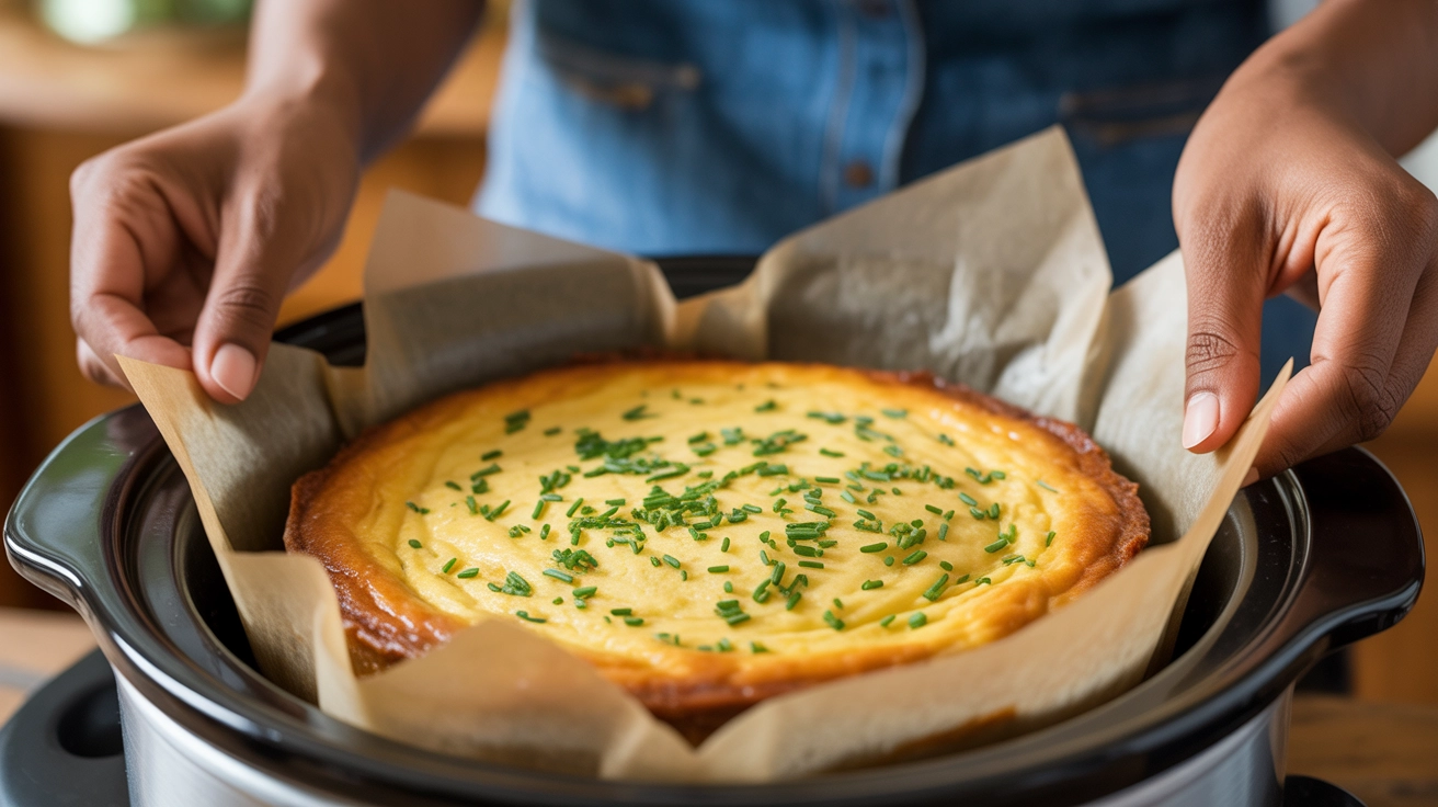 The Best Slow Cooker Breakfast Casserole 1 Slow cooker breakfast casserole with chives being lifted.