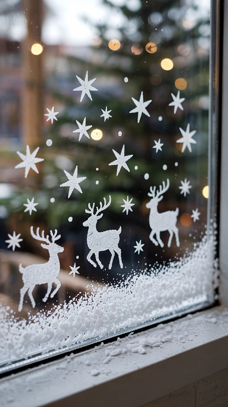 A close-up of a windowpane decorated with temporary white snow spray art, featuring stenciled shapes of reindeer and stars for a simple, frosted look.
