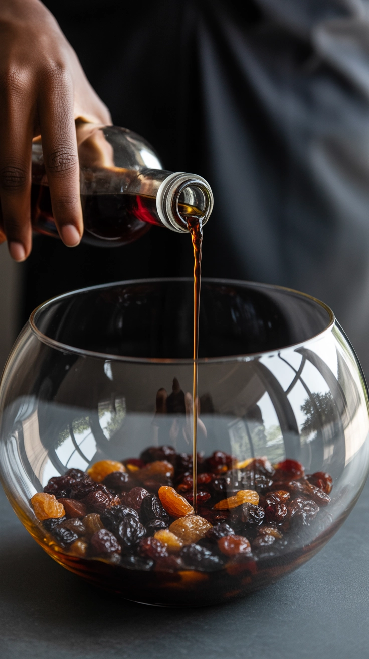 A close-up of a hand pouring brandy over a bowl of mixed dried fruit for a Christmas Cake recipe.