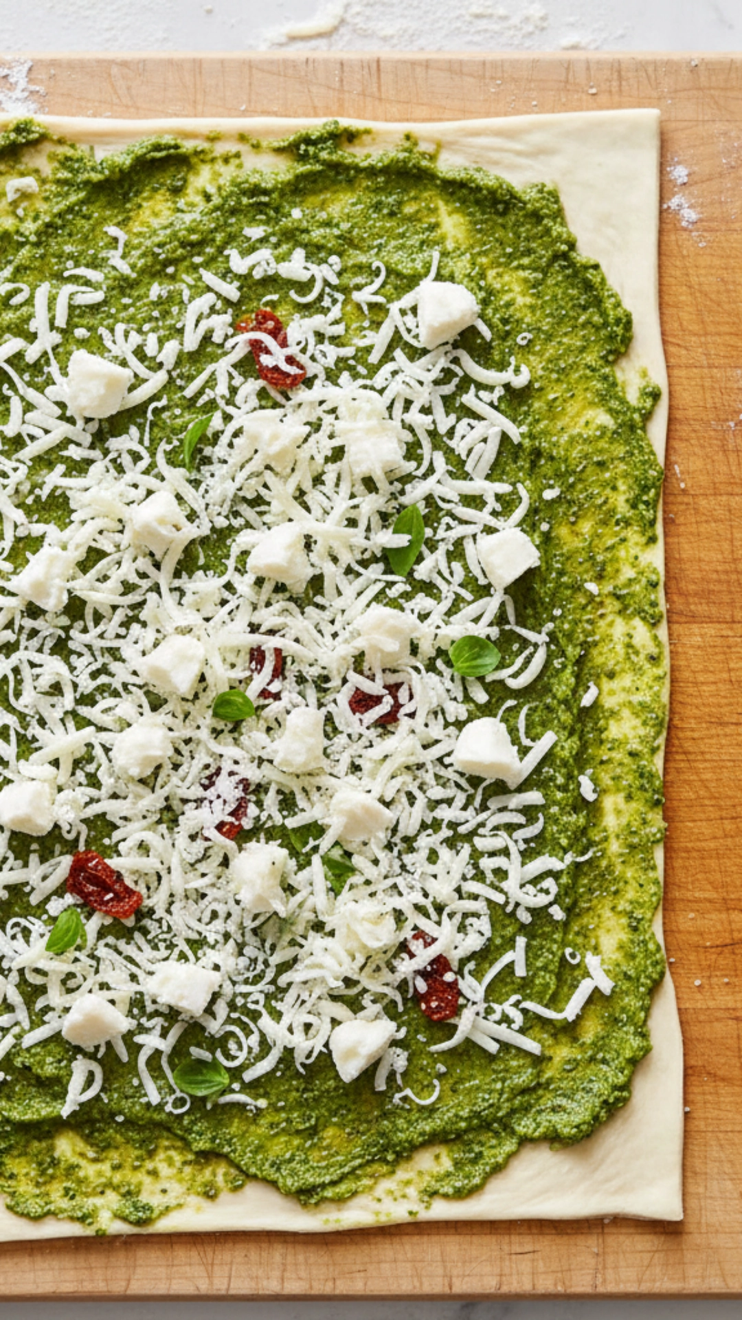 A kitchen spatula spreading a layer of pesto filling evenly over a sheet of puff pastry.