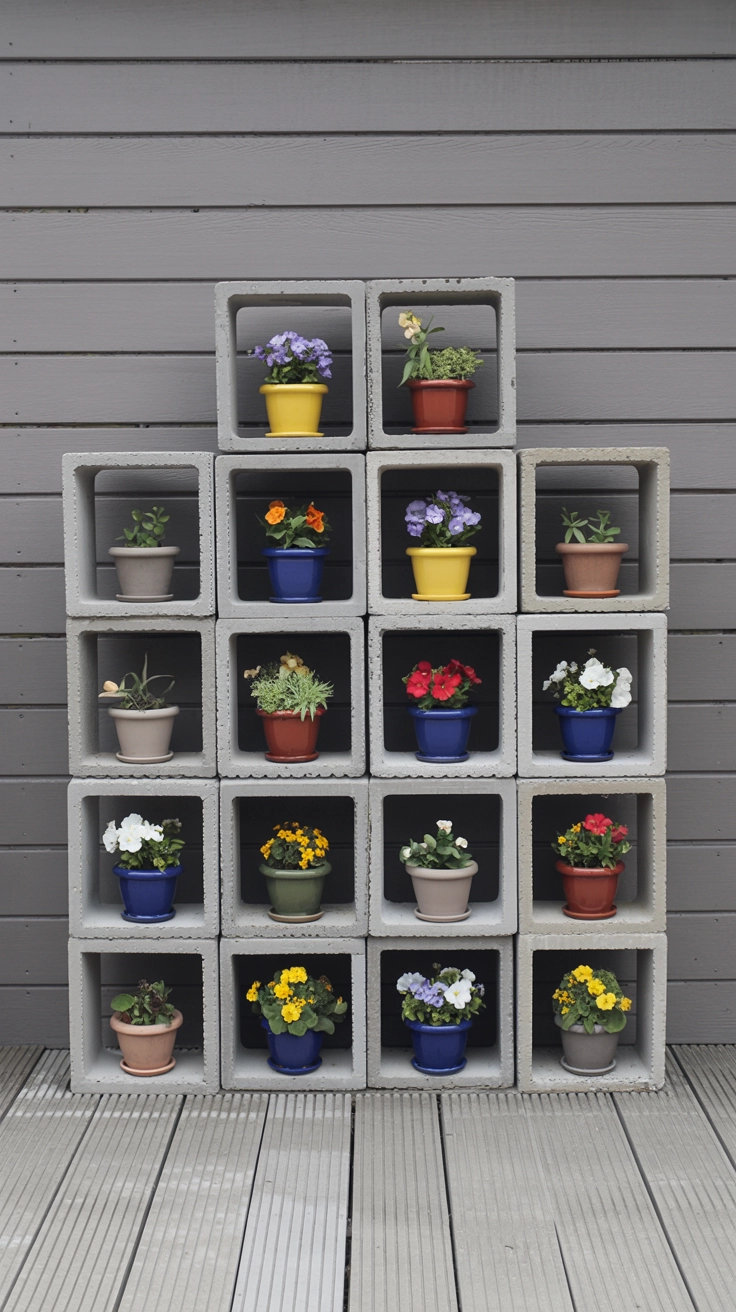 22 Deck Planter Ideas to Transform Your Outdoor Space 9 Stacked grey cinder blocks forming shelves for various small, colorful flower pots.