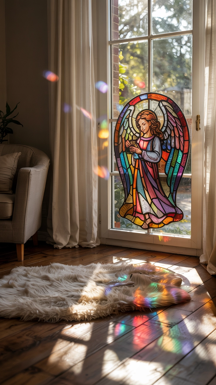 Sunlight passing through a large, colorful window cling designed to look like stained glass, projecting vibrant patches of colored light onto the nearby interior floor.