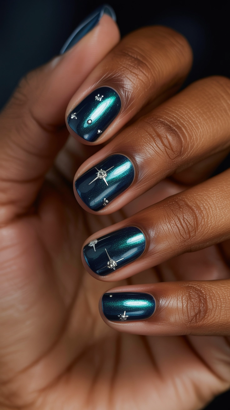 Manicure with deep, shimmering sapphire green polish accented by small, sparkling silver stars, evoking a festive starry night sky.