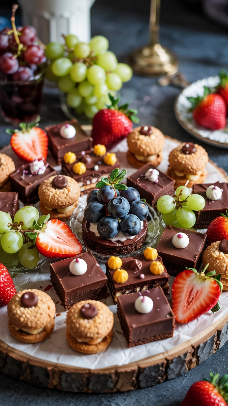 How to Create a Party Food Table Without Overthinking It 5 A platter featuring a variety of easy, bite-sized party desserts, including small chocolate brownie squares, cookies, and fresh fruit like grapes and sliced strawberries.