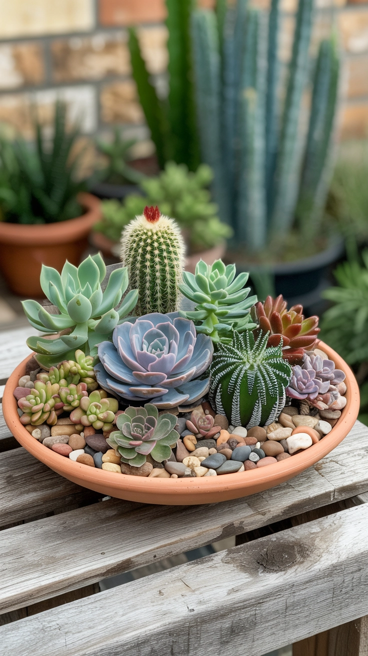 22 Deck Planter Ideas to Transform Your Outdoor Space 16 Wide, shallow terracotta dish planter containing a curated garden of various small succulents.