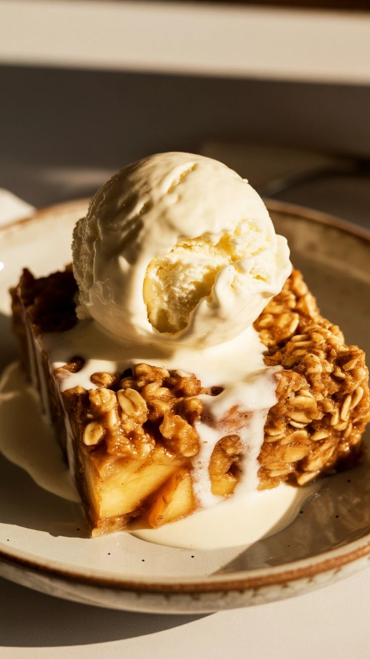 Baked oatmeal served as a dessert with melting ice cream.