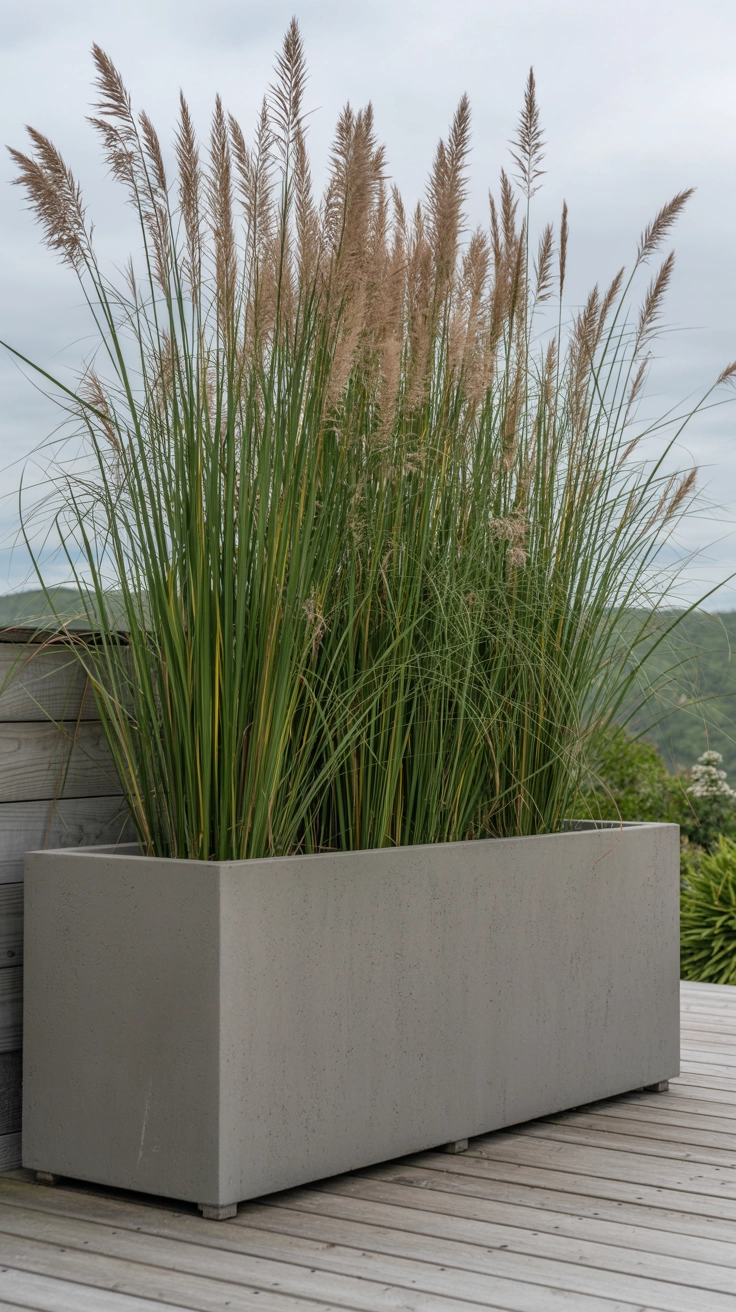 22 Deck Planter Ideas to Transform Your Outdoor Space 7 Large, gray fiber-cement planter with tall, dense ornamental grass providing deck privacy.