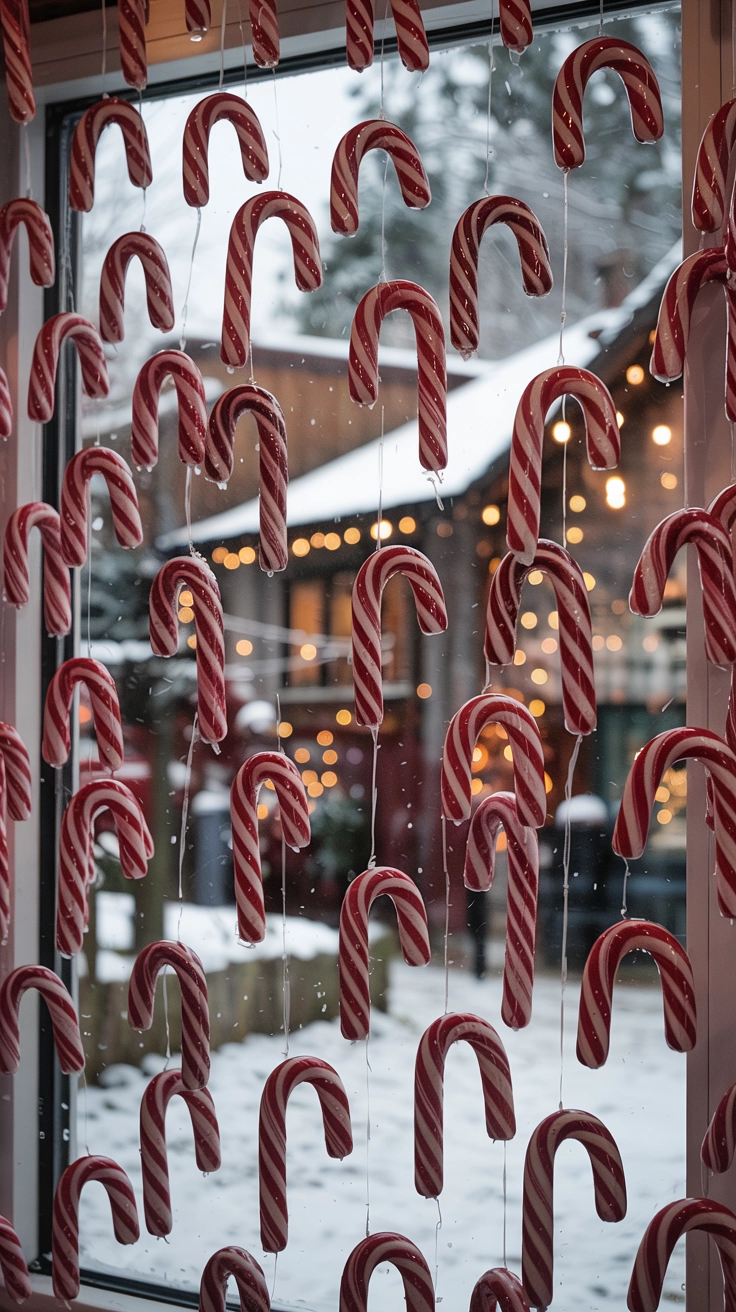 A fun window decoration featuring numerous red and white striped candy canes tied vertically on ribbons to form a cheerful, patterned curtain effect.