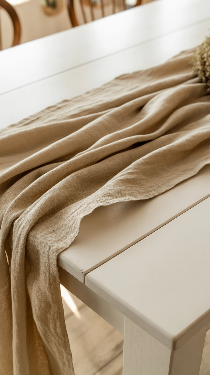 Close-up of a casual Natural table settings showing a wide, textured, beige linen runner draping effortlessly over the end of a wooden table.