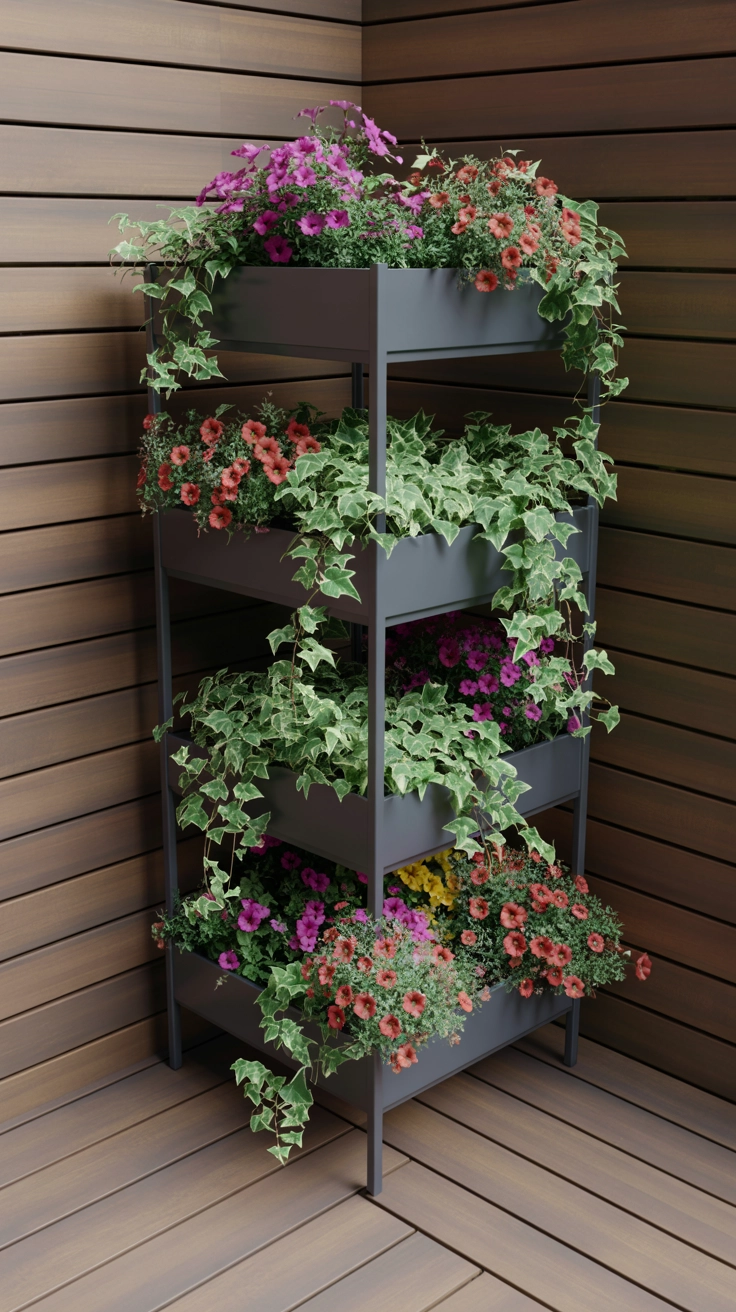 22 Deck Planter Ideas to Transform Your Outdoor Space 2 Four-tiered metal plant stand filled with petunias and ivy, set neatly into the corner of a clean wooden deck.