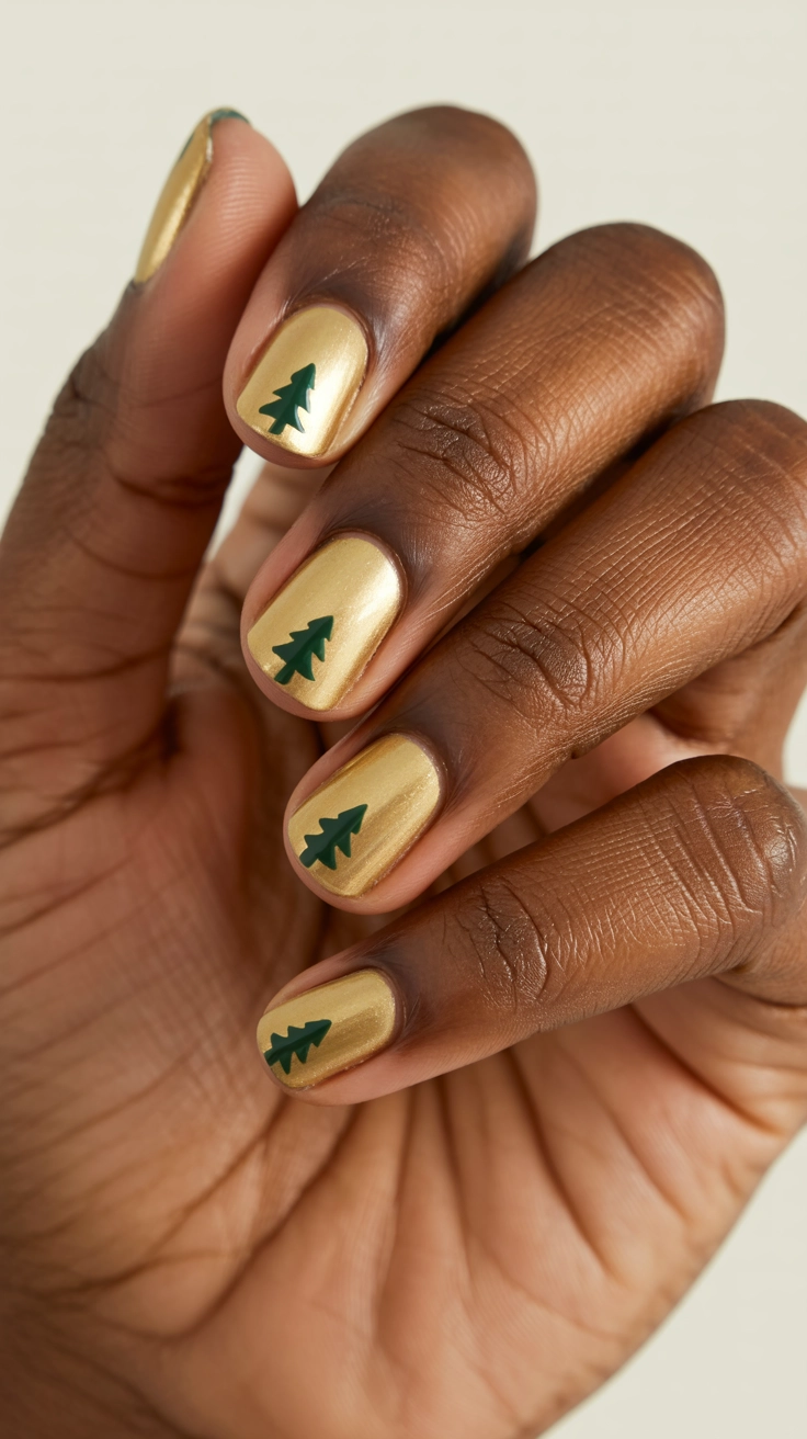 Nails with pale gold base, featuring small, simple hunter green Christmas tree silhouettes painted over the top.