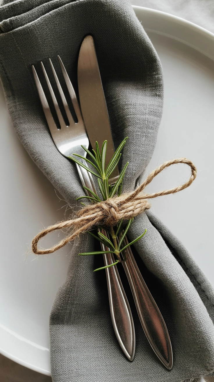 Detailed image of table setting where silver cutlery is tied together with natural twine and garnished with a small sprig of fresh rosemary on a grey napkin.