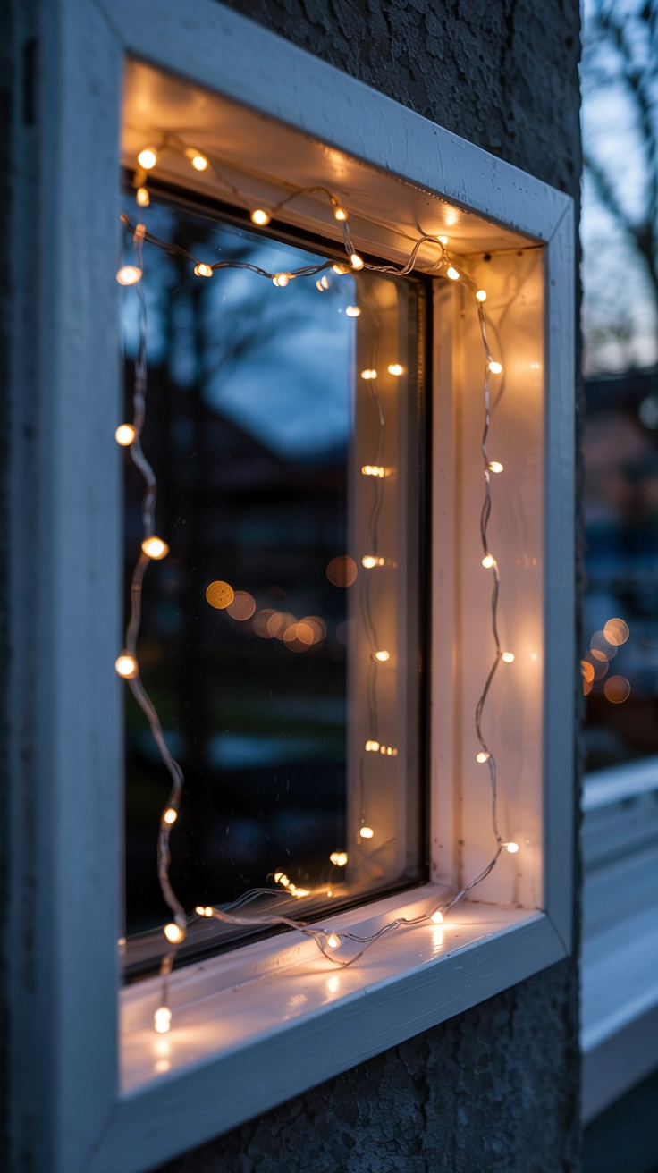 An interior view of a window with a single thin string of warm fairy lights loosely draped around the frame to create a subtle, clean, and cozy Christmas glow at night.