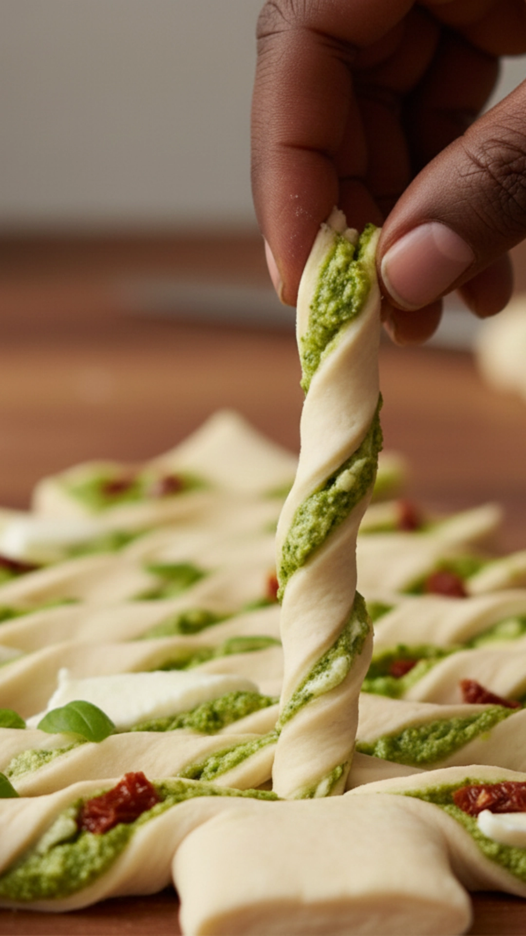 A close-up of a person's fingers carefully twisting a branch of the cut puff pastry to make the tree look realistic.