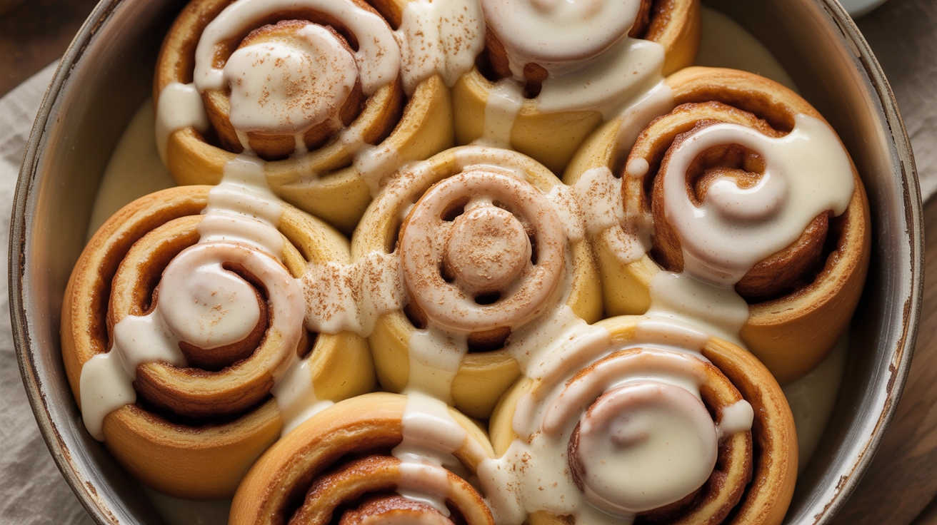 Ultimate Homemade Eggnog Cinnamon Rolls 1 Warm Homemade Eggnog Cinnamon Rolls covered in white glaze.