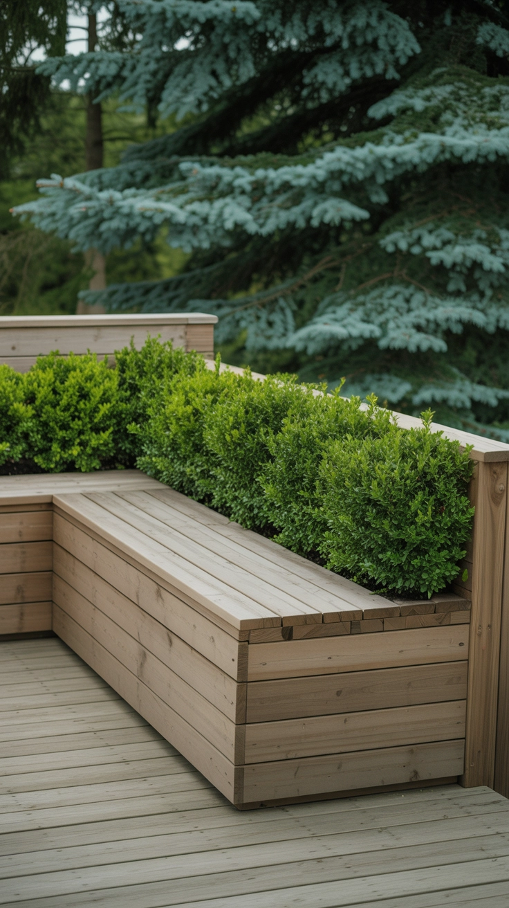 22 Deck Planter Ideas to Transform Your Outdoor Space 18 Wooden deck bench with integrated planter boxes on each end, holding low-cut boxwood shrubs.