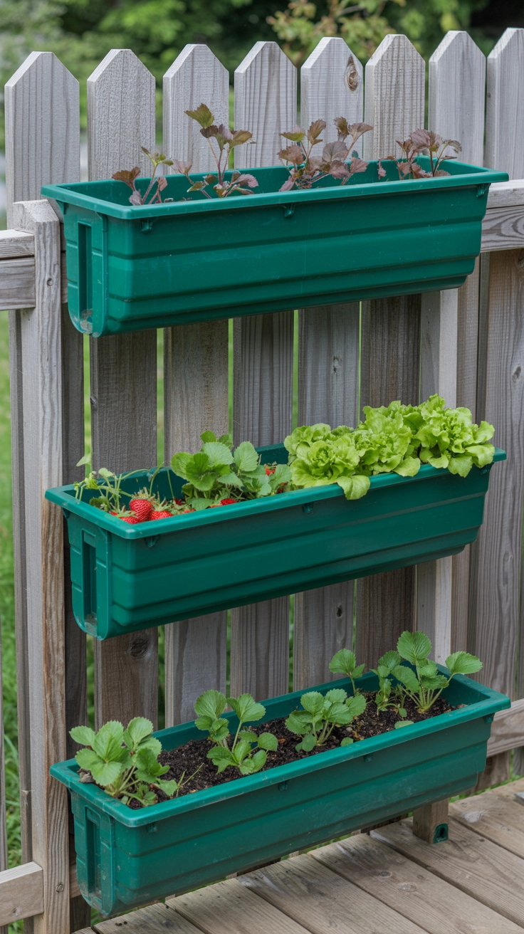 22 Deck Planter Ideas to Transform Your Outdoor Space 6 Three levels of green plastic gutters mounted on a wooden fence, used as planters for growing lettuce and strawberries.