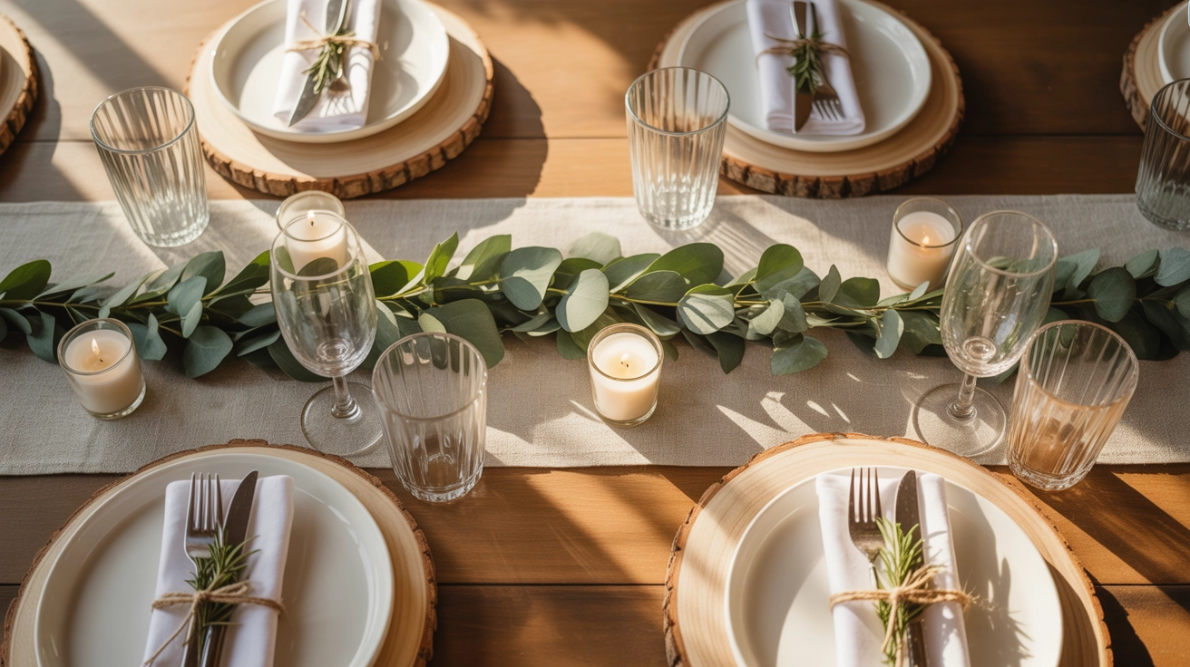 Overhead view of a natural table setting using a eucalyptus runner, wood slice chargers, linen napkins, and twine-wrapped cutlery, bathed in warm sunlight.