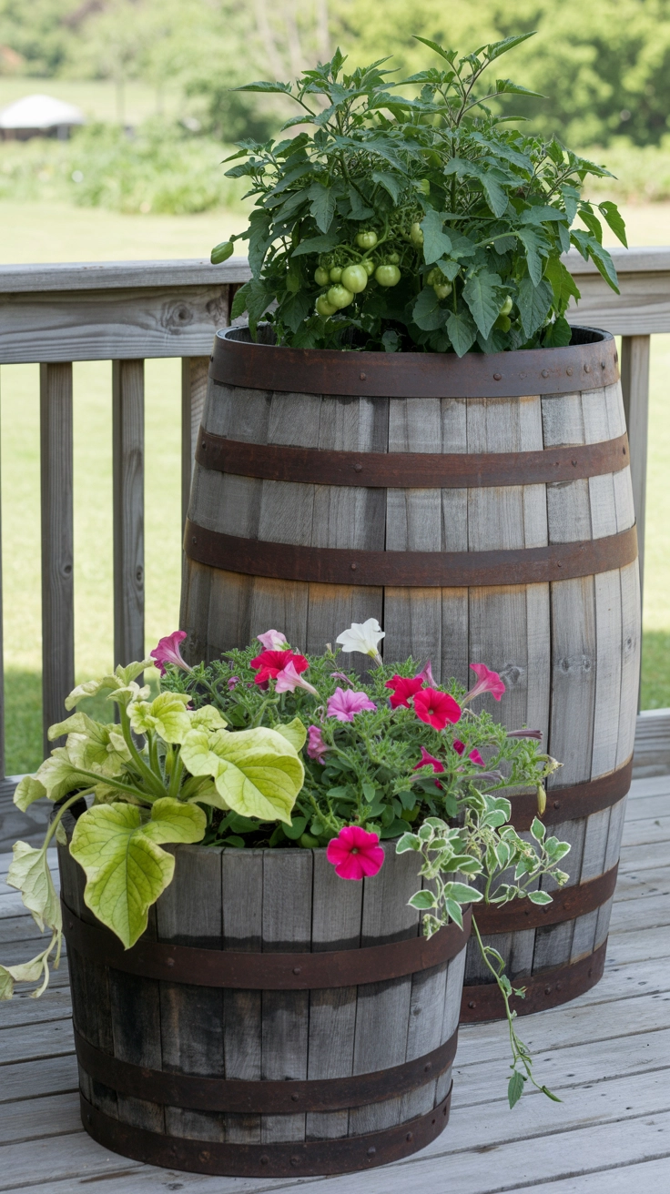22 Deck Planter Ideas to Transform Your Outdoor Space 11 Two wooden whiskey barrel halves used as planters, holding a tomato plant and colorful annual flowers.