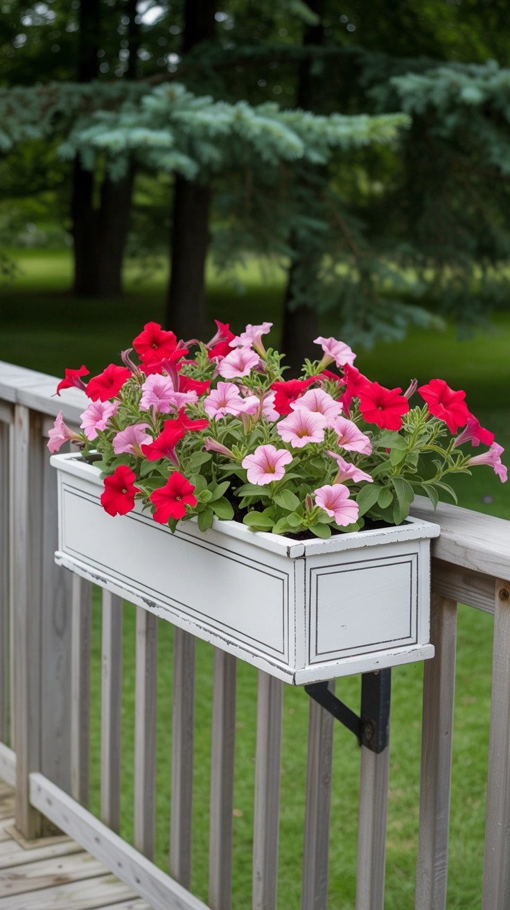 22 Deck Planter Ideas to Transform Your Outdoor Space 21 White painted window box mounted on the exterior side of a deck railing, filled with cascading red and pink flowers.