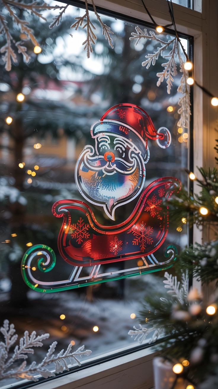 A close-up view of a window decorated with colorful gel clings depicting Santa and a sleigh, highlighting the easy, glossy application of the reusable decorations.
