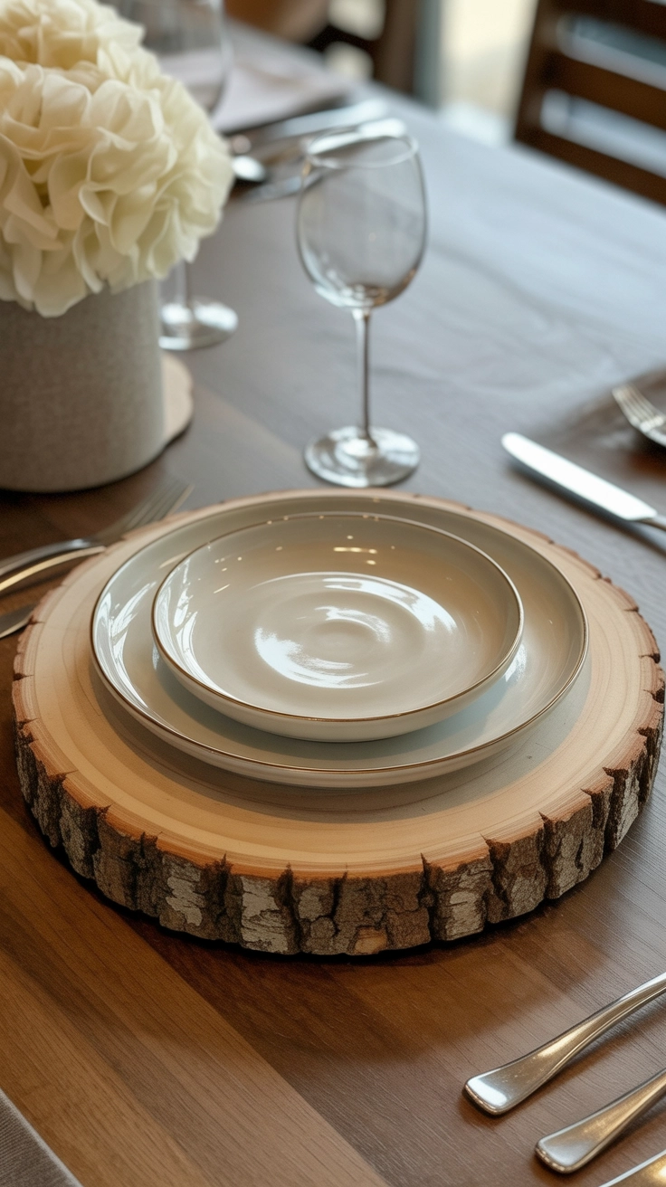 A simple, modern table setting showing a dinner plate resting on a large, round wood slice used as a rustic charger.