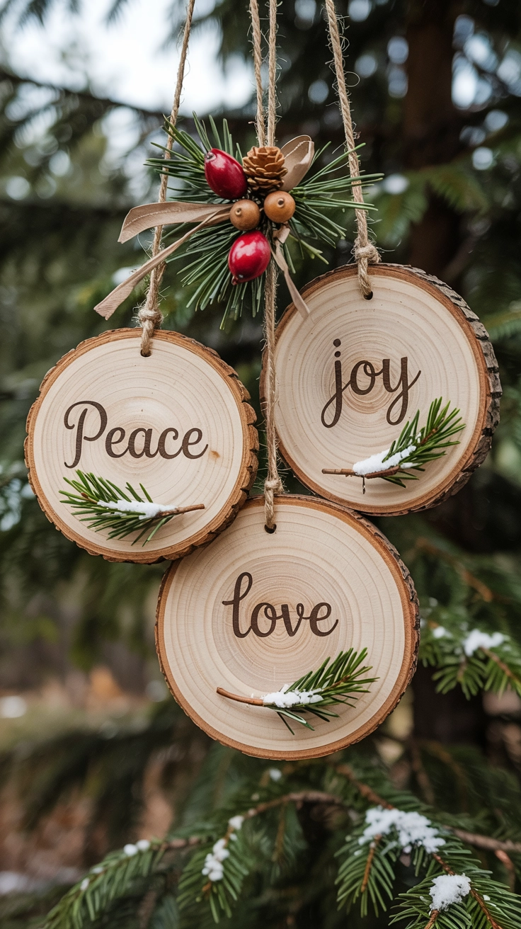 A cluster of three small, rustic wood slices, painted with simple holiday words and hanging on twine in front of a windowpane.