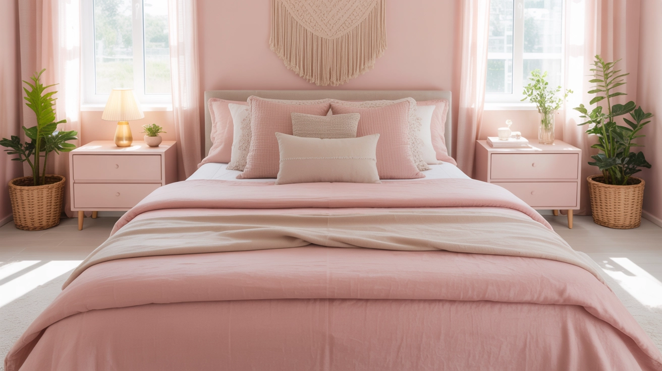 A beautifully decorated pink boho bedroom with a cozy bed, macrame wall art, and indoor plants.