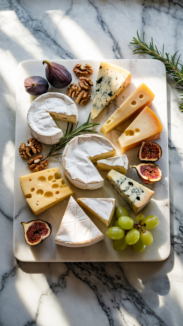 A beautifully arranged artisan cheese board with various cheeses, nuts, and fruits.