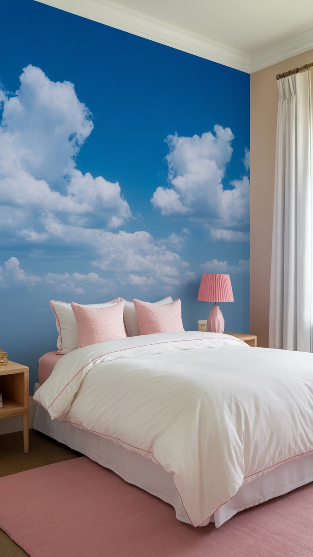 A bedroom with a mural of blue skies and clouds on the wall, featuring a white bed with pink accents.