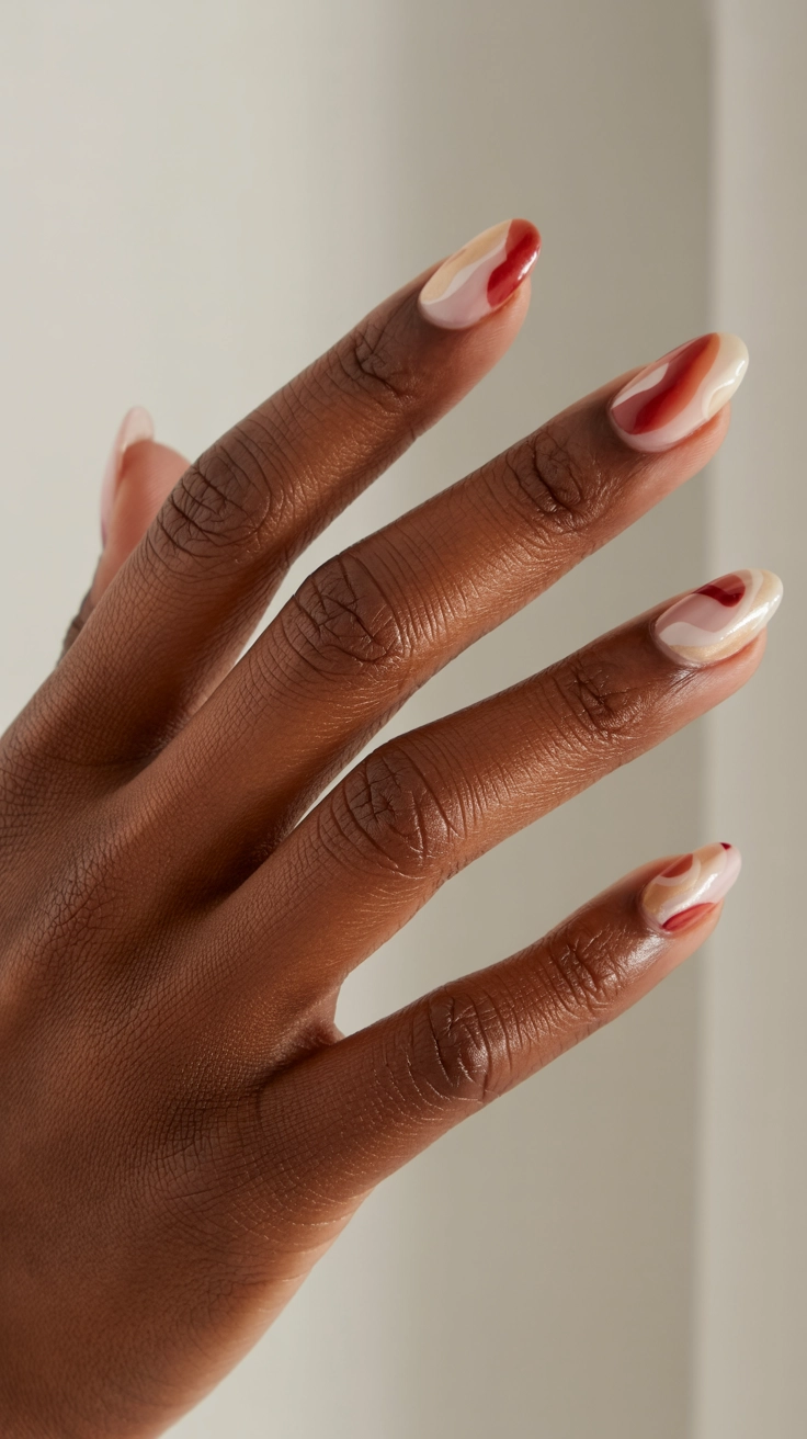 Red, pink, and white watercolor blend nail art.