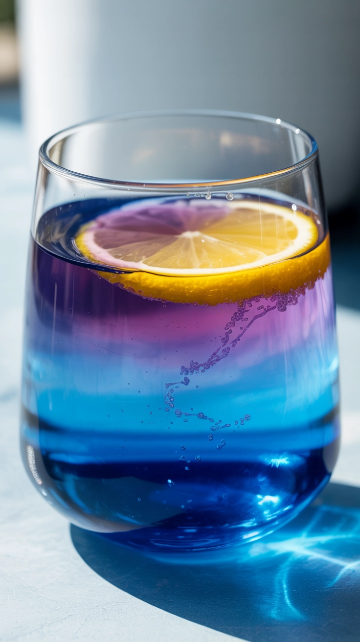 A magic color-changing mocktail shifting from blue to purple.