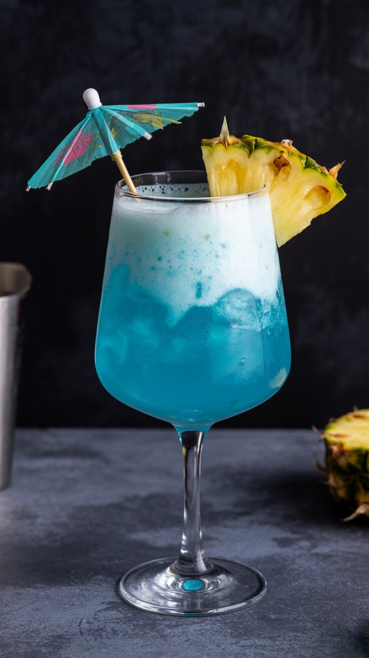 A creamy blue tropical non-alcoholic drink with pineapple and an umbrella.