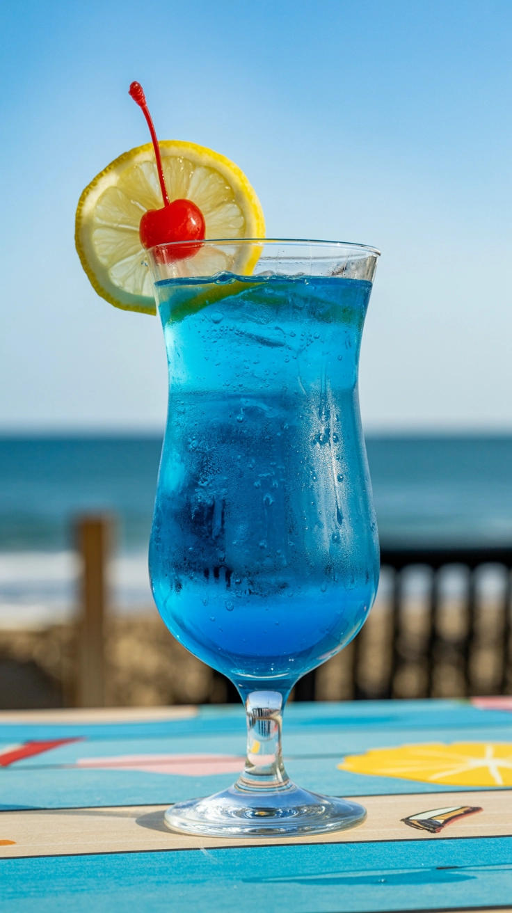 A refreshing blue lagoon mocktail with a lemon slice and cherry garnish.