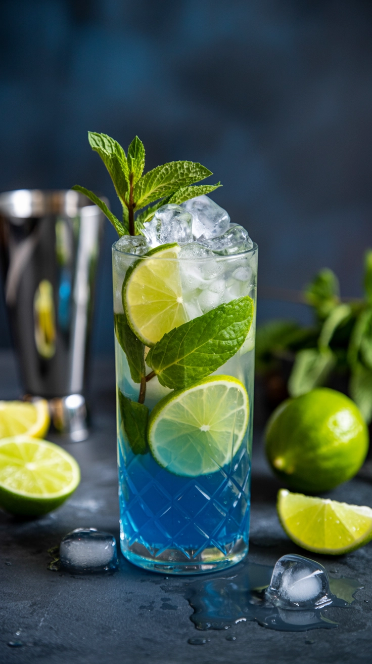 A minty blue raspberry mojito mocktail with crushed ice.