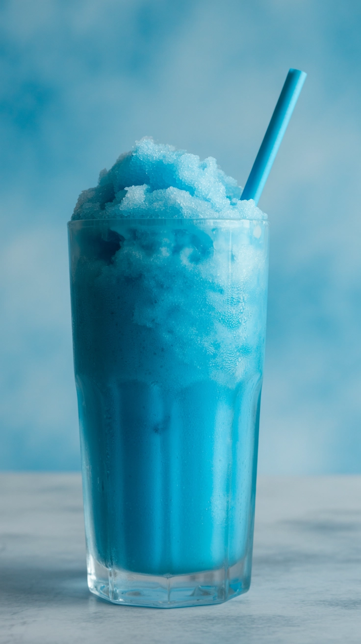 A thick and icy blue raspberry slushie in a glass with a straw.