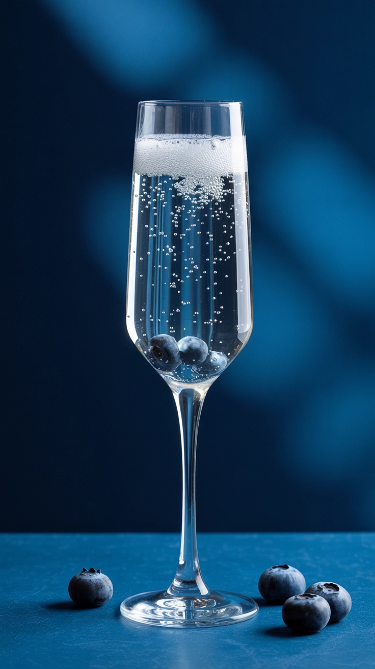 A bubbly blue sparkling mocktail in a champagne flute.