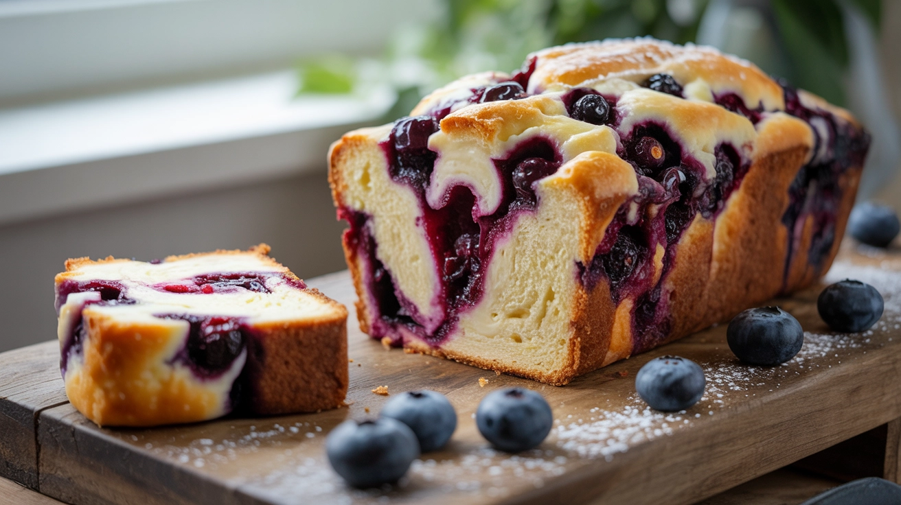 Easy Blueberry Cream Cheese Loaf Recipe 1 A golden-brown blueberry cream cheese loaf on a chopping board, dusted with powdered sugar.