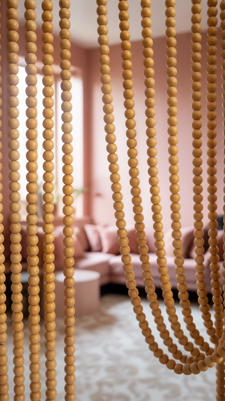 Wooden beads hanging in a doorway leading into a bright pink bedroom.