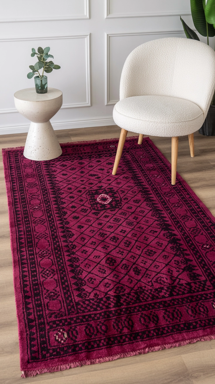 A vibrant fuchsia rug with intricate patterns on a light wooden floor.