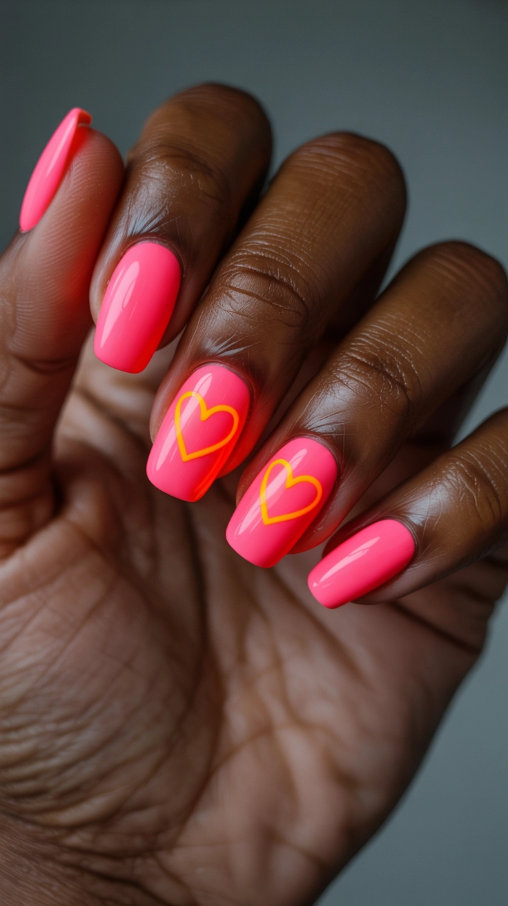 Neon pink nails with glowing orange heart outlines.