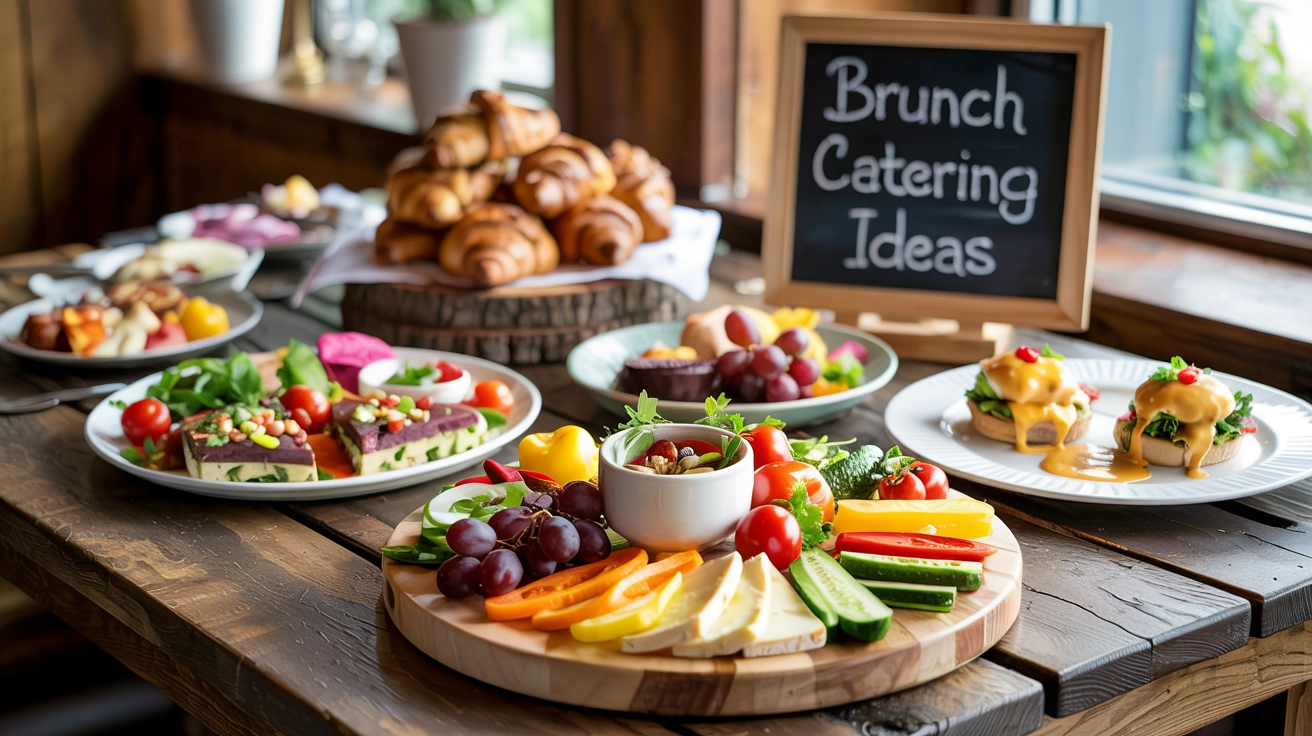 Brunch catering ideas with a minimal spread of sliced cheeses, fruits, and small bites