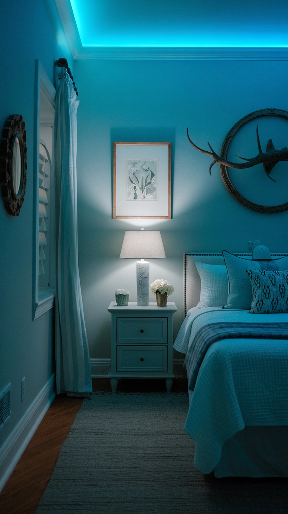 A serene bedroom with calming blue lighting fixtures, featuring a bedside lamp and LED strip lights.